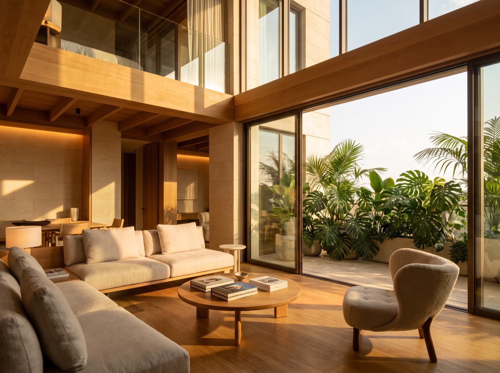 Sunlit two-storey condominium interior opening onto a private terrace