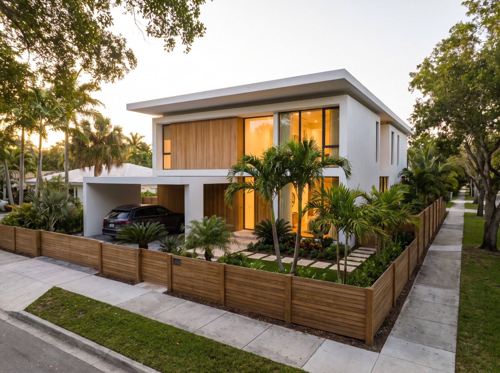 Two-storey house and lot with a carport and landscaped front garden at golden hour