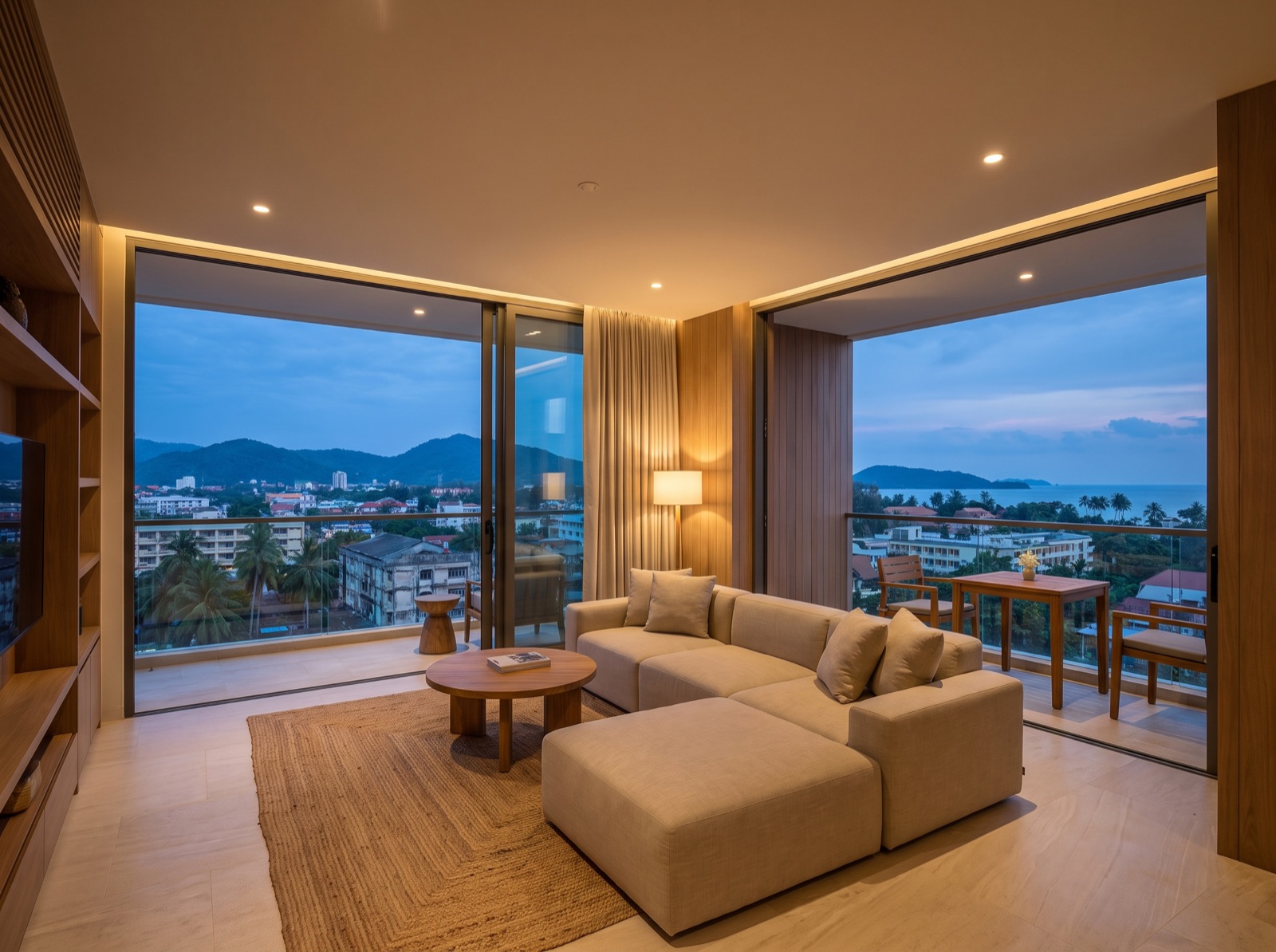 One-bedroom condominium at dusk opening onto a balcony above the city
