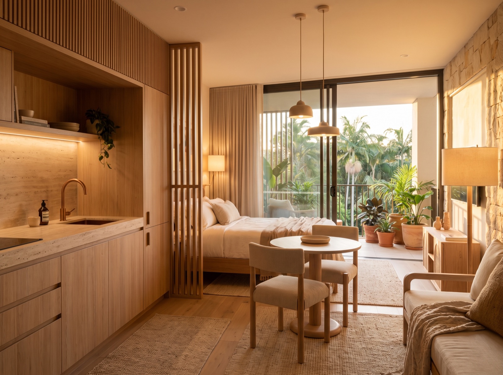 Modern studio interior with a built-in kitchenette and a private balcony