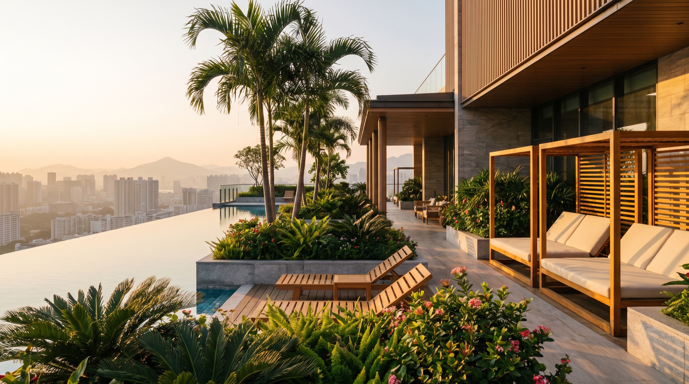 Rooftop garden and amenity deck at golden hour